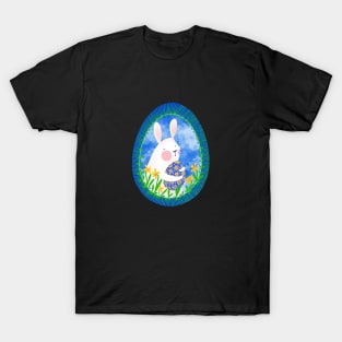 Cute white bunny with floral easter egg decoration on blue sky, version 2 T-Shirt